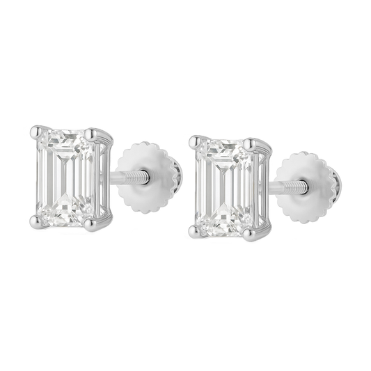 10K Gold Emerald Cut Moissanite Solitaire Stud Earrings - Screw Backs