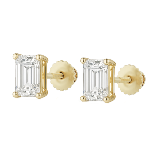 10K Gold Emerald Cut Moissanite Solitaire Stud Earrings - Screw Backs