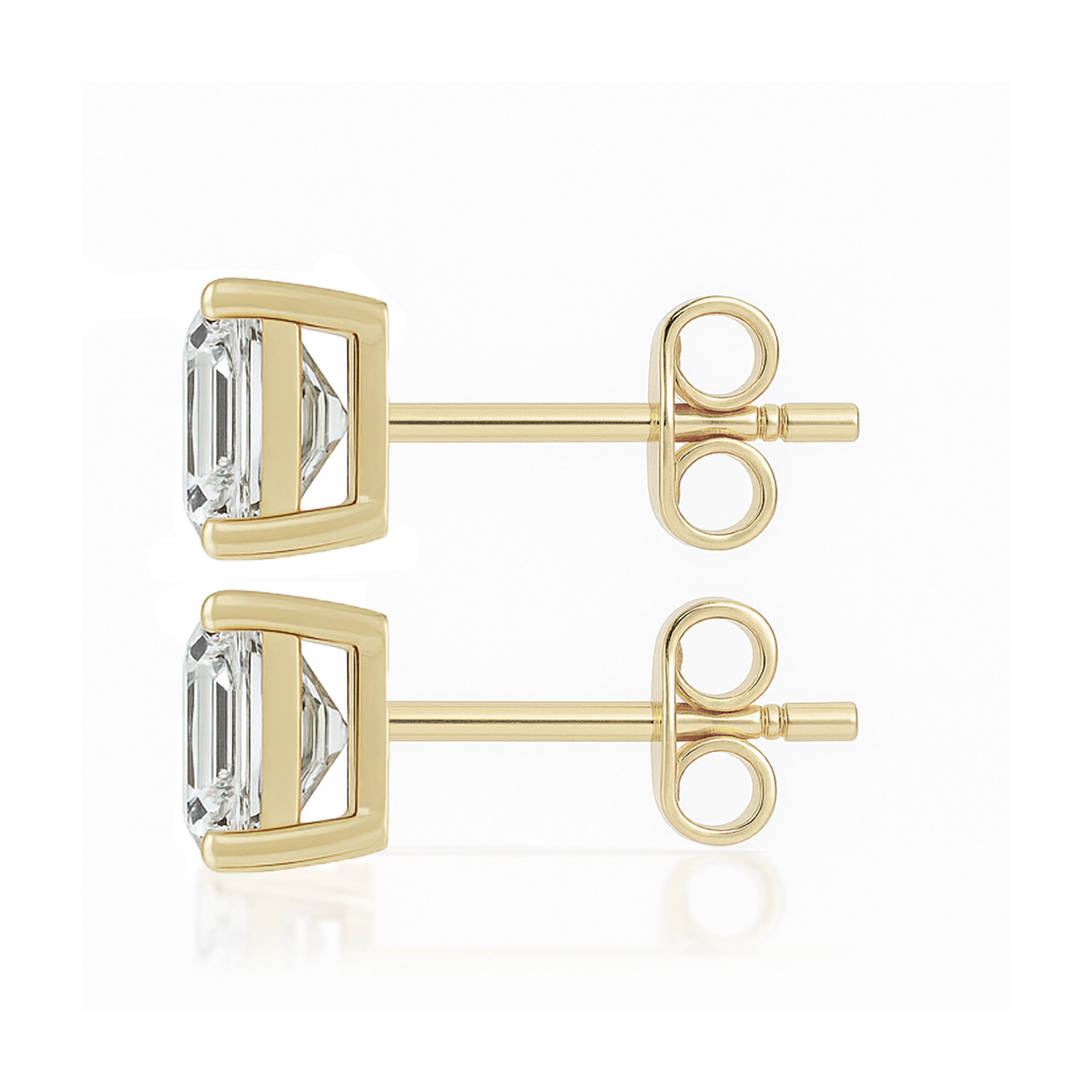 10K Gold Emerald Cut Moissanite Solitaire Stud Earrings - Push Backs