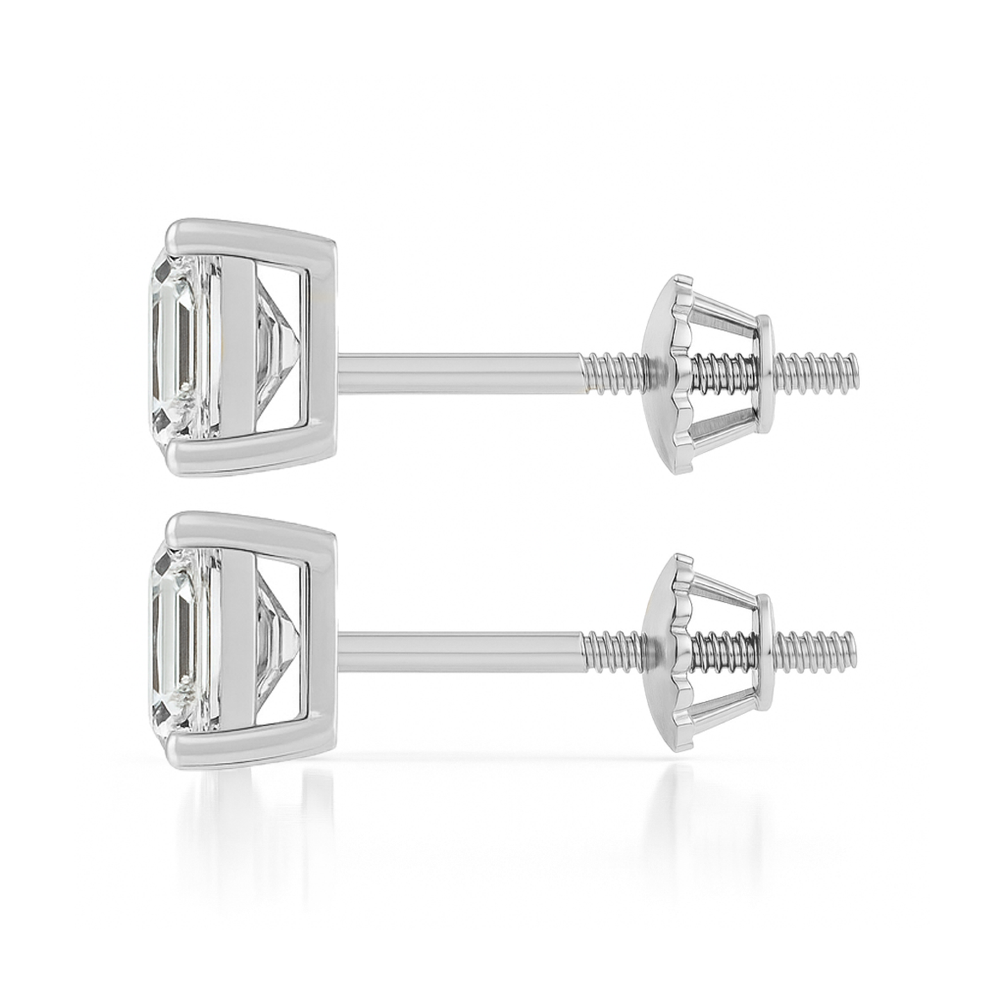10K Gold Emerald Cut Moissanite Solitaire Stud Earrings - Screw Backs