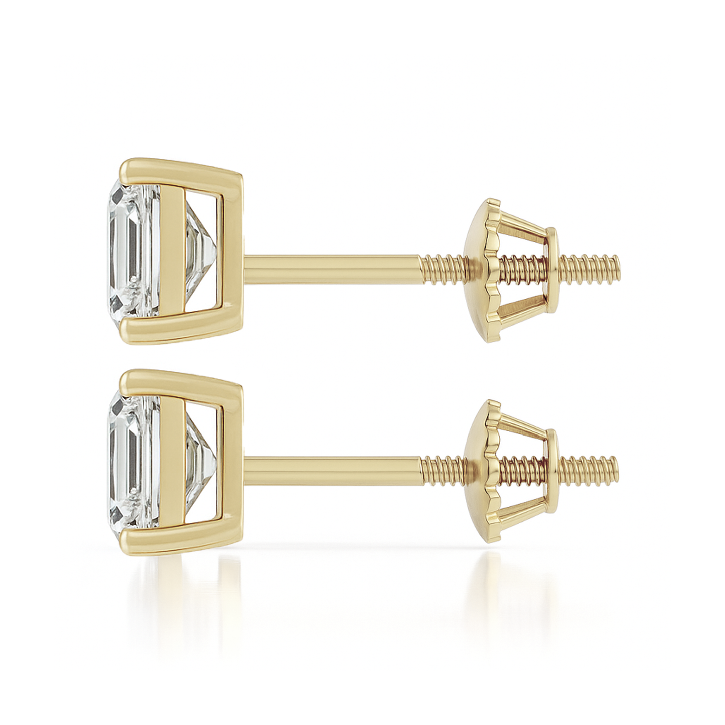 10K Gold Emerald Cut Moissanite Solitaire Stud Earrings - Screw Backs