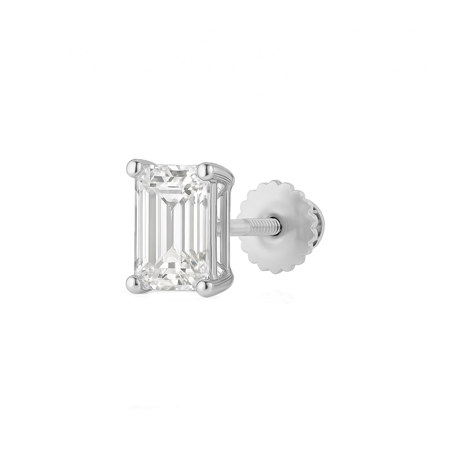 10K Gold Emerald Cut Moissanite Solitaire Single Stud Earring - Screw Back