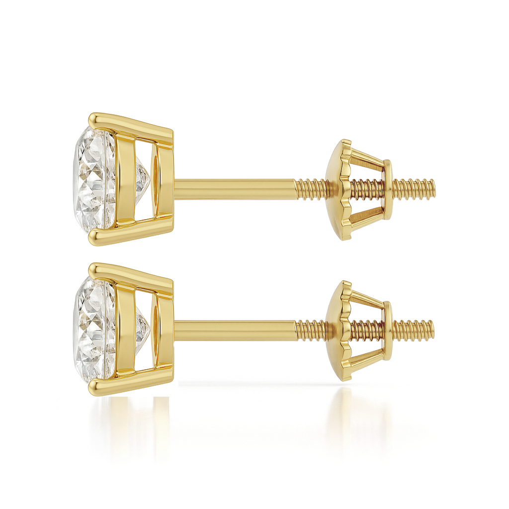 14K Gold Round Cut Moissanite Solitaire Stud Earrings - Screw Backs