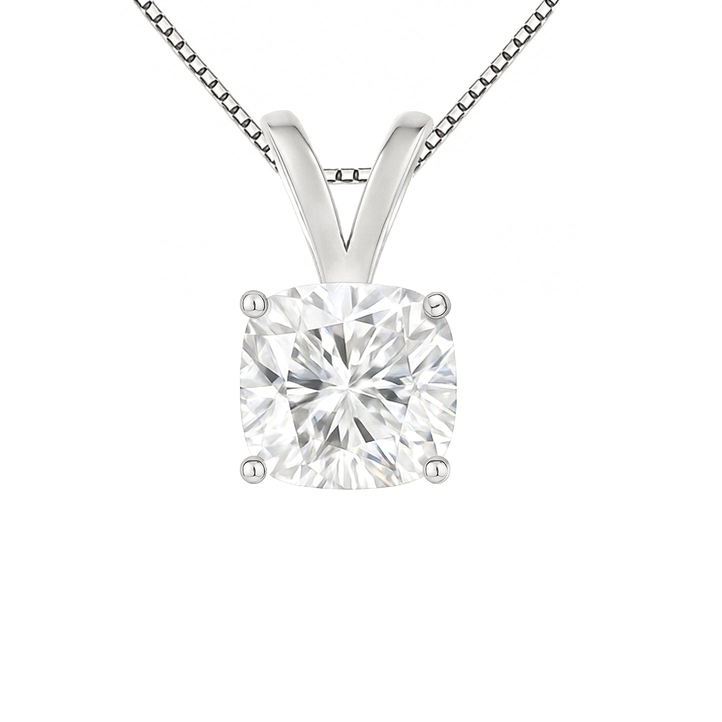 14K Gold Cushion Cut Moissanite Solitaire Necklace - Double Loop Bail on Box
