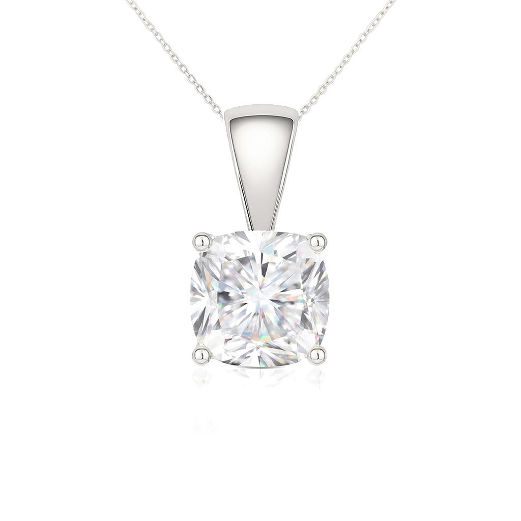 14K Gold Cushion Cut Moissanite Solitaire Necklace - Solid Bail on Cable Chain