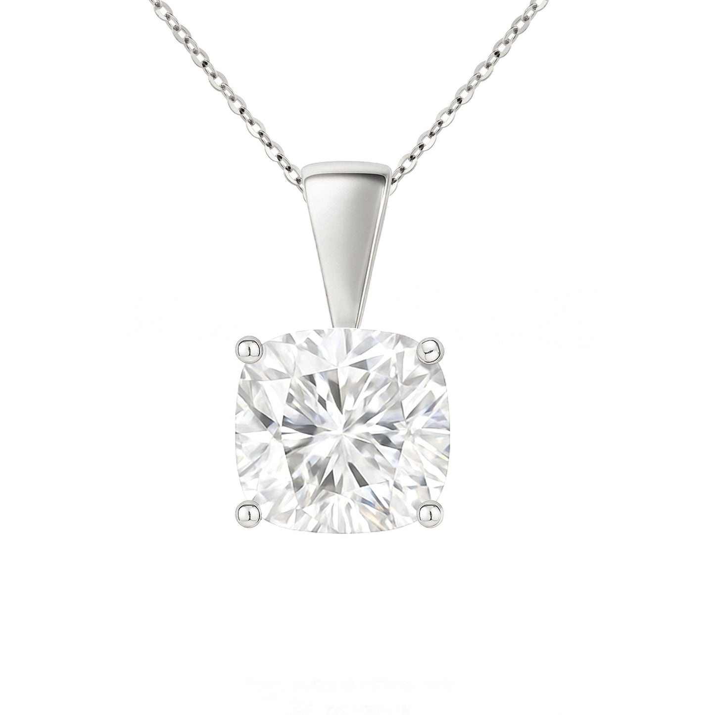14K Gold Cushion Cut Moissanite Solitaire Necklace - Solid Bail on Cable Chain