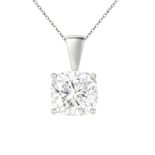 14K Gold Cushion Cut Moissanite Solitaire Necklace - Solid Bail on Cable Chain
