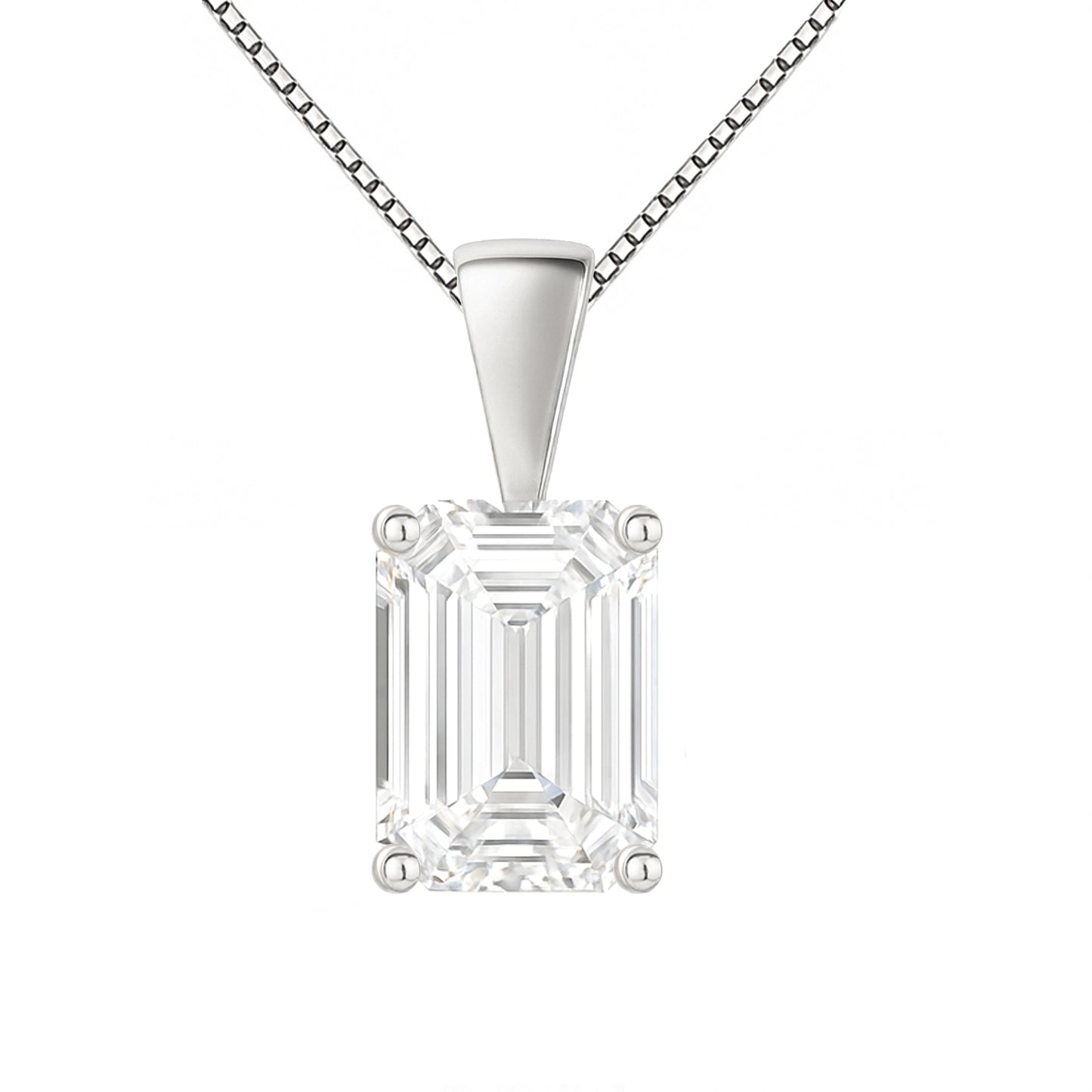 14K Gold Emerald Cut Moissanite Solitaire Necklace - Solid Bail on Box Chain