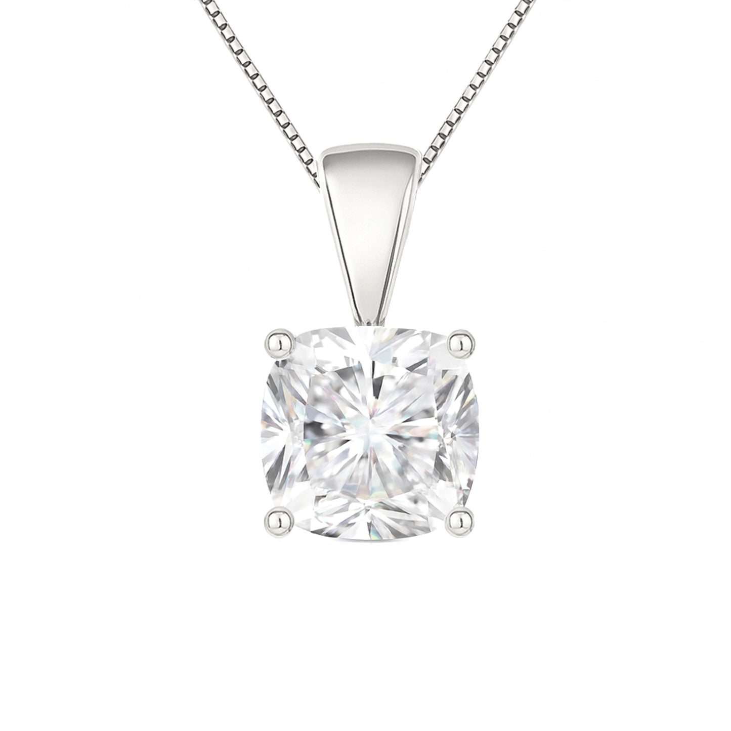 14K Gold Cushion Cut Moissanite Solitaire Necklace - Solid Bail on Box Chain