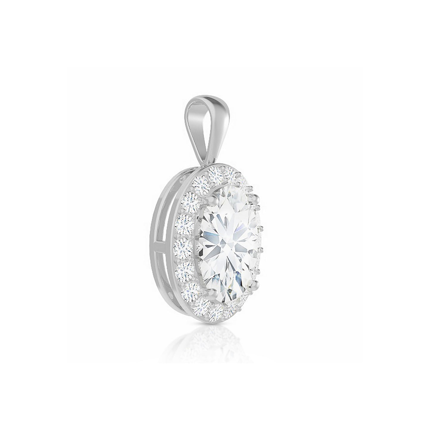 14K Gold Oval Cut Halo Moissanite Necklace - Solid Bail