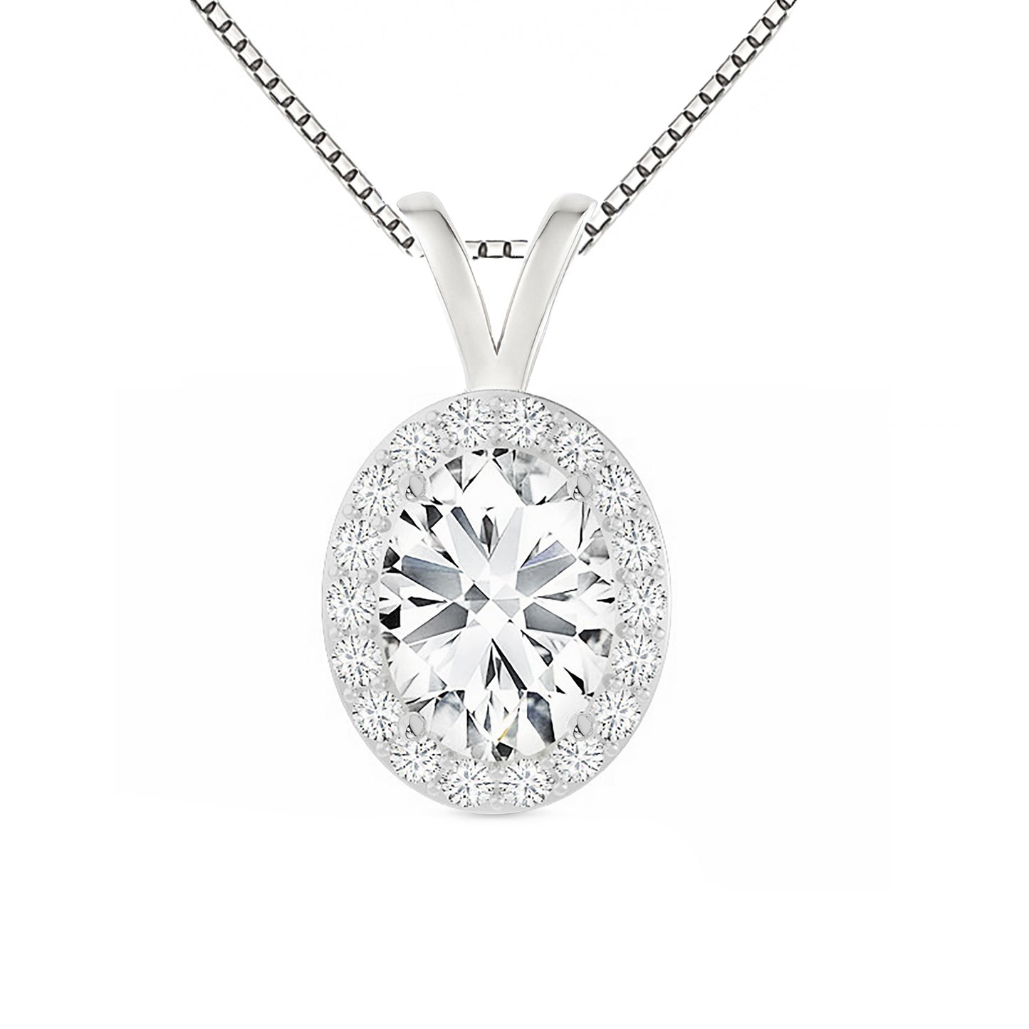 14K Gold Oval Cut Halo Moissanite Necklace - Double Loop Bail with Box Chain