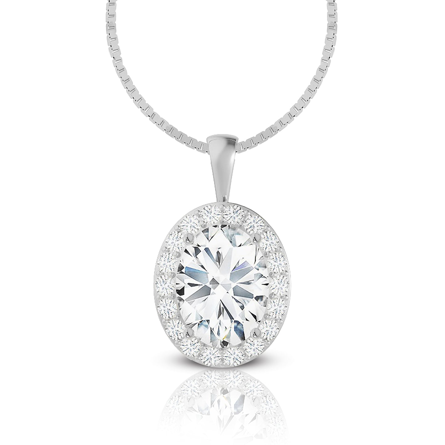 14K Gold Oval Cut Halo Moissanite Necklace - Solid Bail