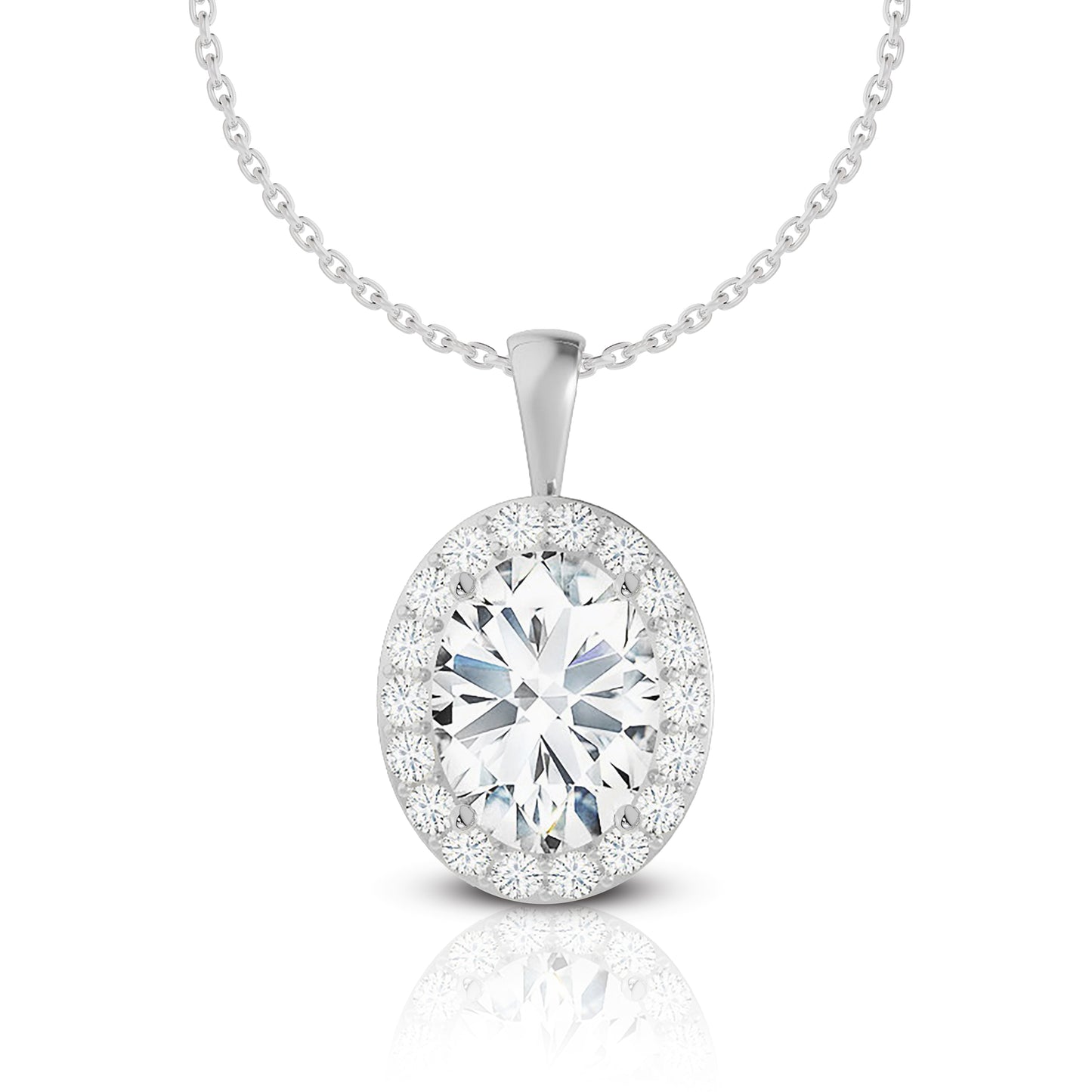 14K Gold Oval Cut Halo Moissanite Necklace - Solid Bail