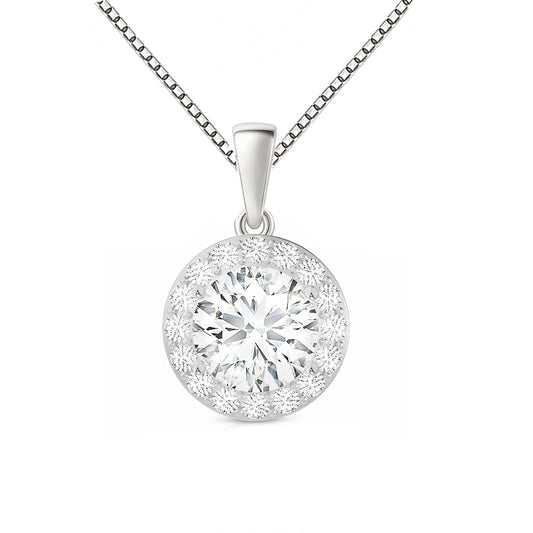 14K Gold Round Cut Halo Moissanite Necklace - Dangle Bail with Box Chain