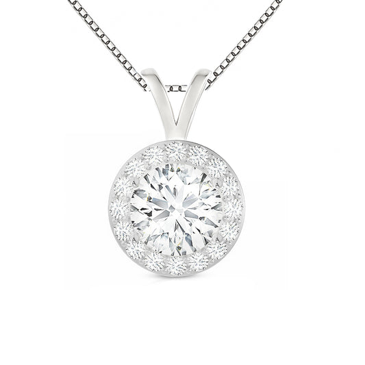 14K Gold Round Cut Halo Moissanite Necklace - Double Loop Bail with Box Chain