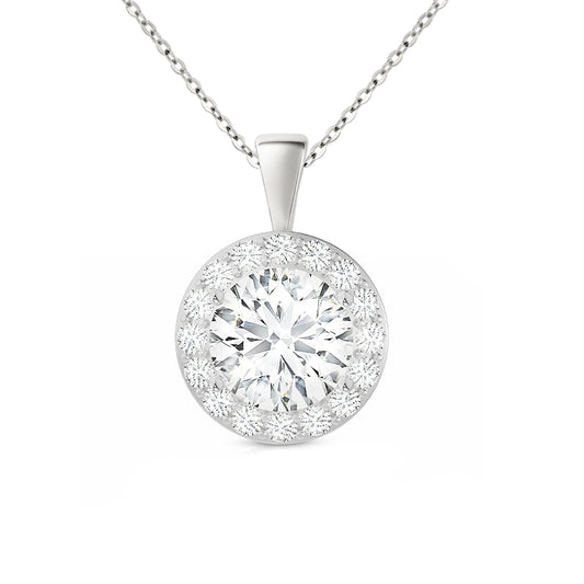14K Gold Round Cut Halo Moissanite Necklace - Solid Bail on Cable Chain