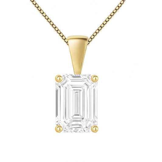 14K Gold Emerald Cut Moissanite Solitaire Necklace - Solid Bail on Box Chain