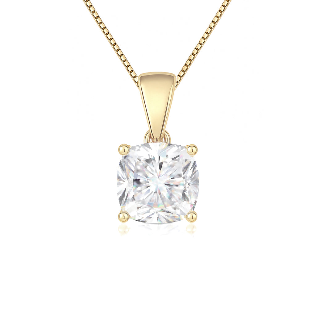 14K Gold Cushion Cut Moissanite Solitaire Necklace - Dangle Bail on Cable Chain