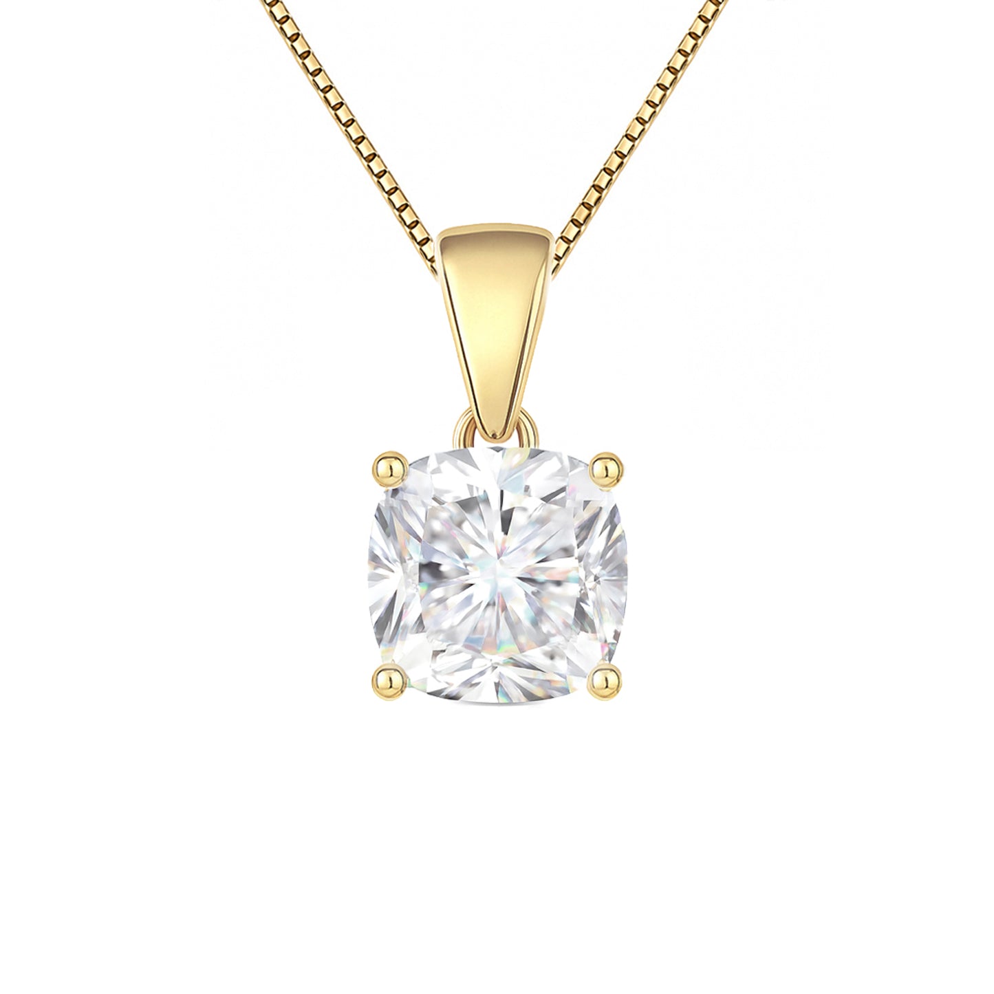 14K Gold Cushion Cut Moissanite Solitaire Necklace - Dangle Bail on Box Chain