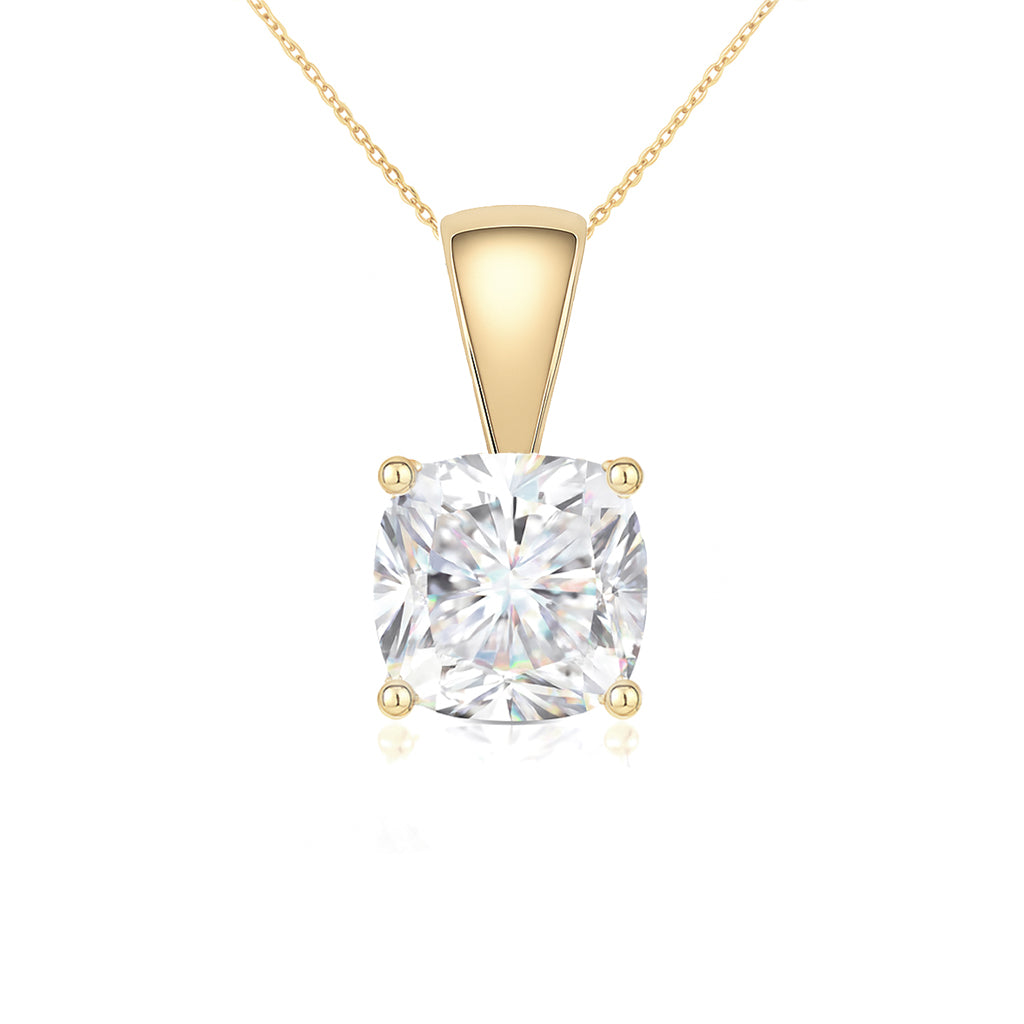 14K Gold Cushion Cut Moissanite Solitaire Necklace - Solid Bail on Cable Chain