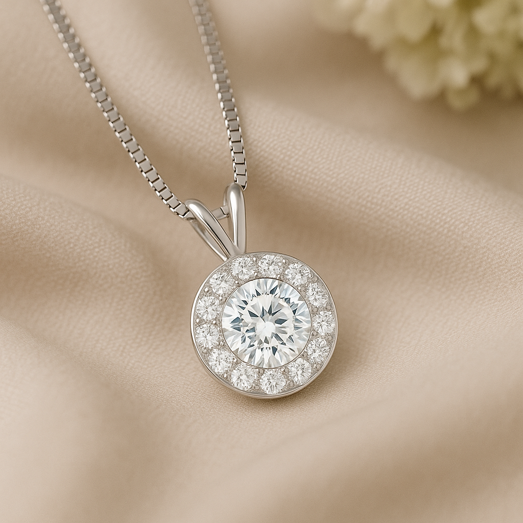 Round Cut Halo Moissanite Necklace – Double Loop Bail