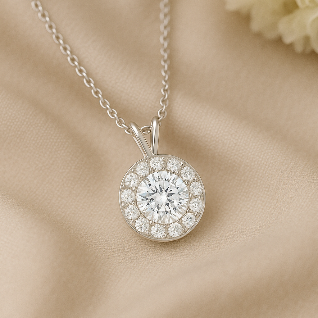 Round Cut Halo Moissanite Necklace – Double Loop Bail