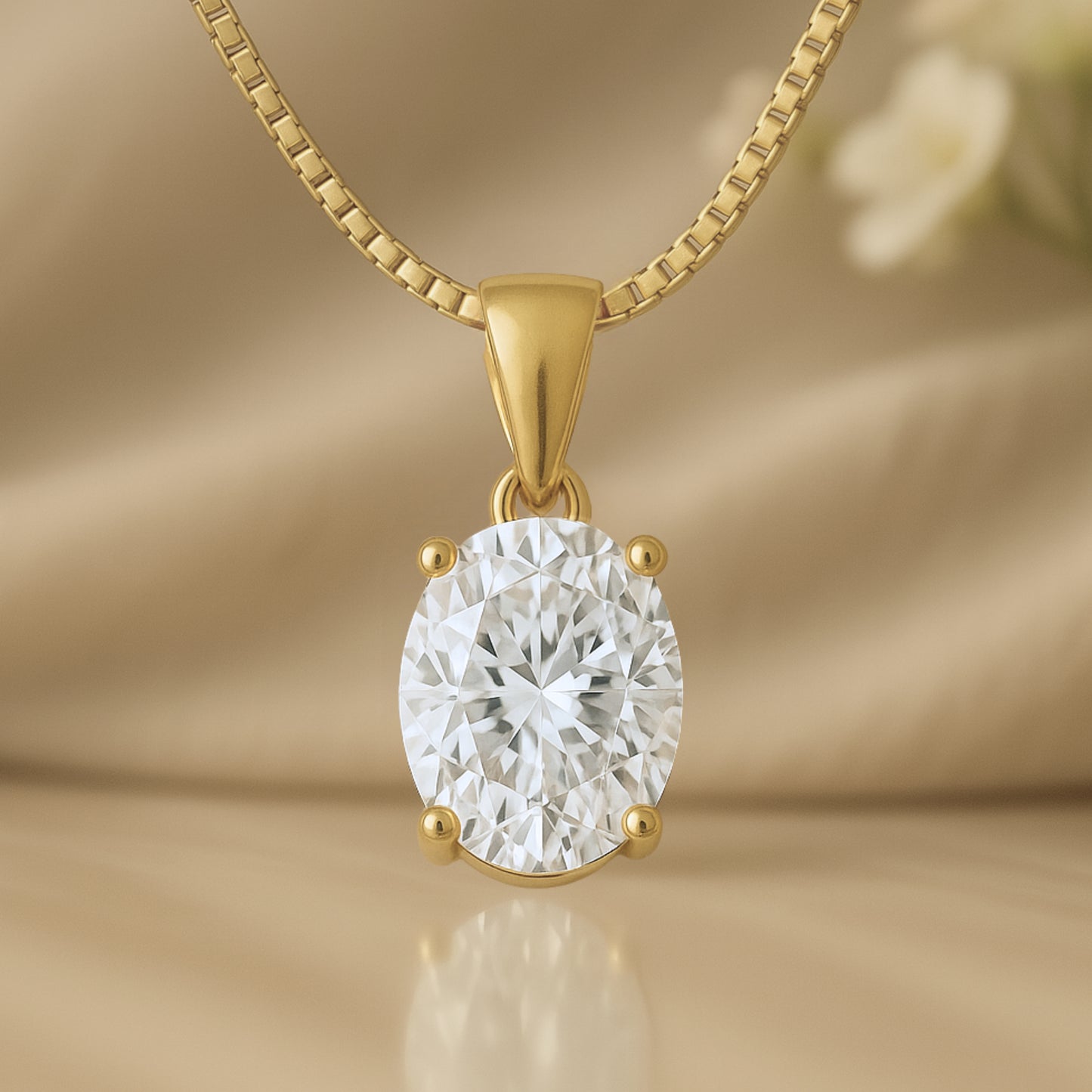 14K Gold Oval Cut Moissanite Solitaire Necklace - Dangle Bail on Box Chain