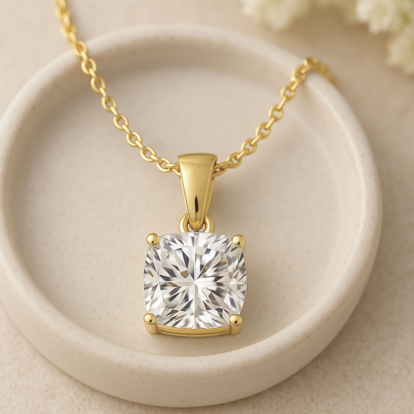 14K Gold Cushion Cut Moissanite Solitaire Necklace - Dangle Bail on Cable Chain