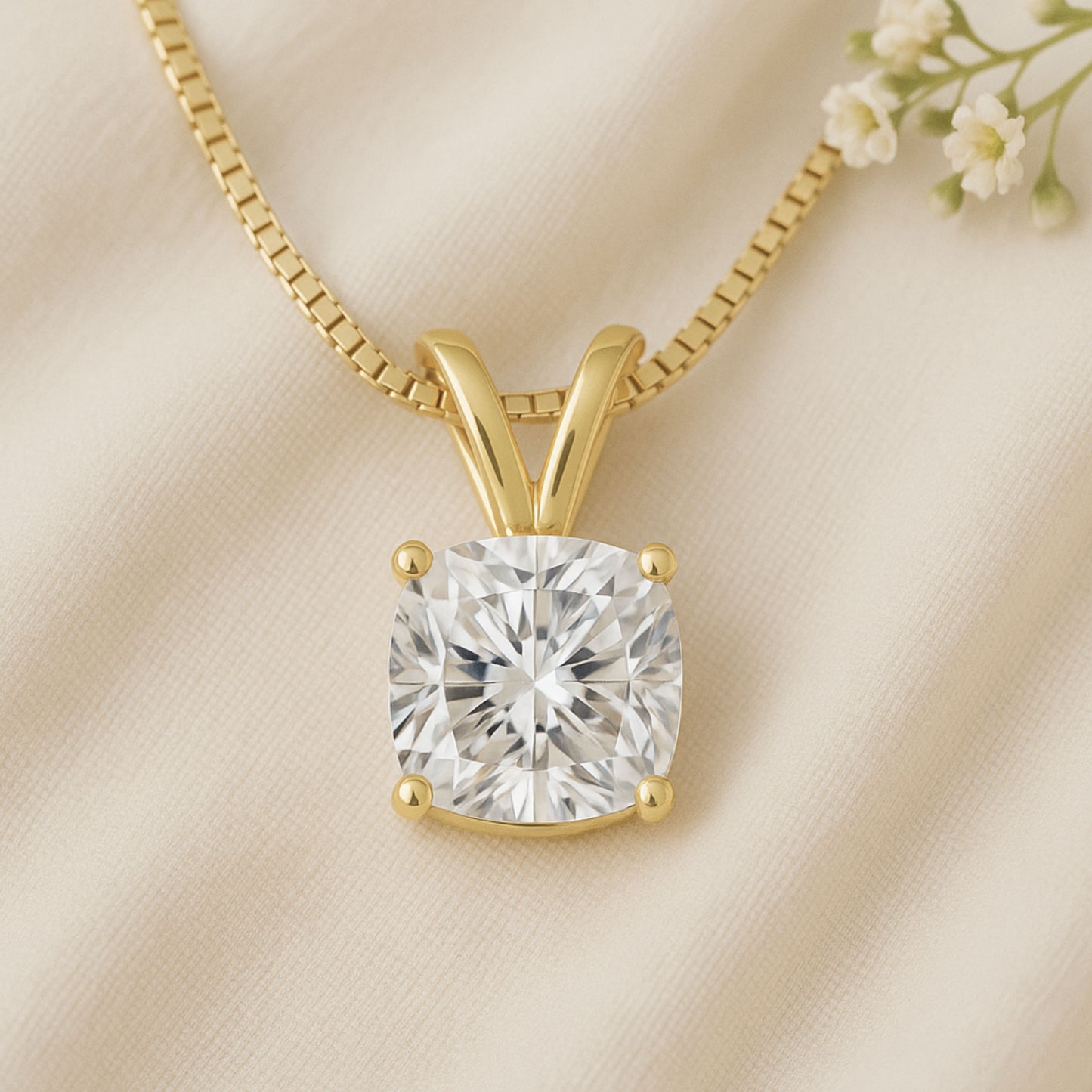 14K Gold Cushion Cut Moissanite Solitaire Necklace - Double Loop Bail on Box
