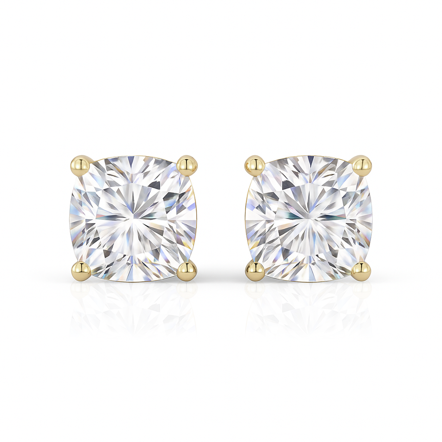 14K Gold Cushion Cut Moissanite Solitaire Stud Earrings - Screw Backs