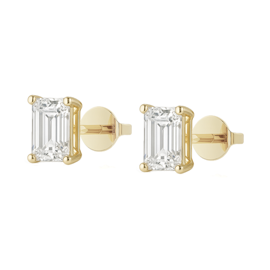 10K Gold Emerald Cut Moissanite Solitaire Stud Earrings - Push Backs