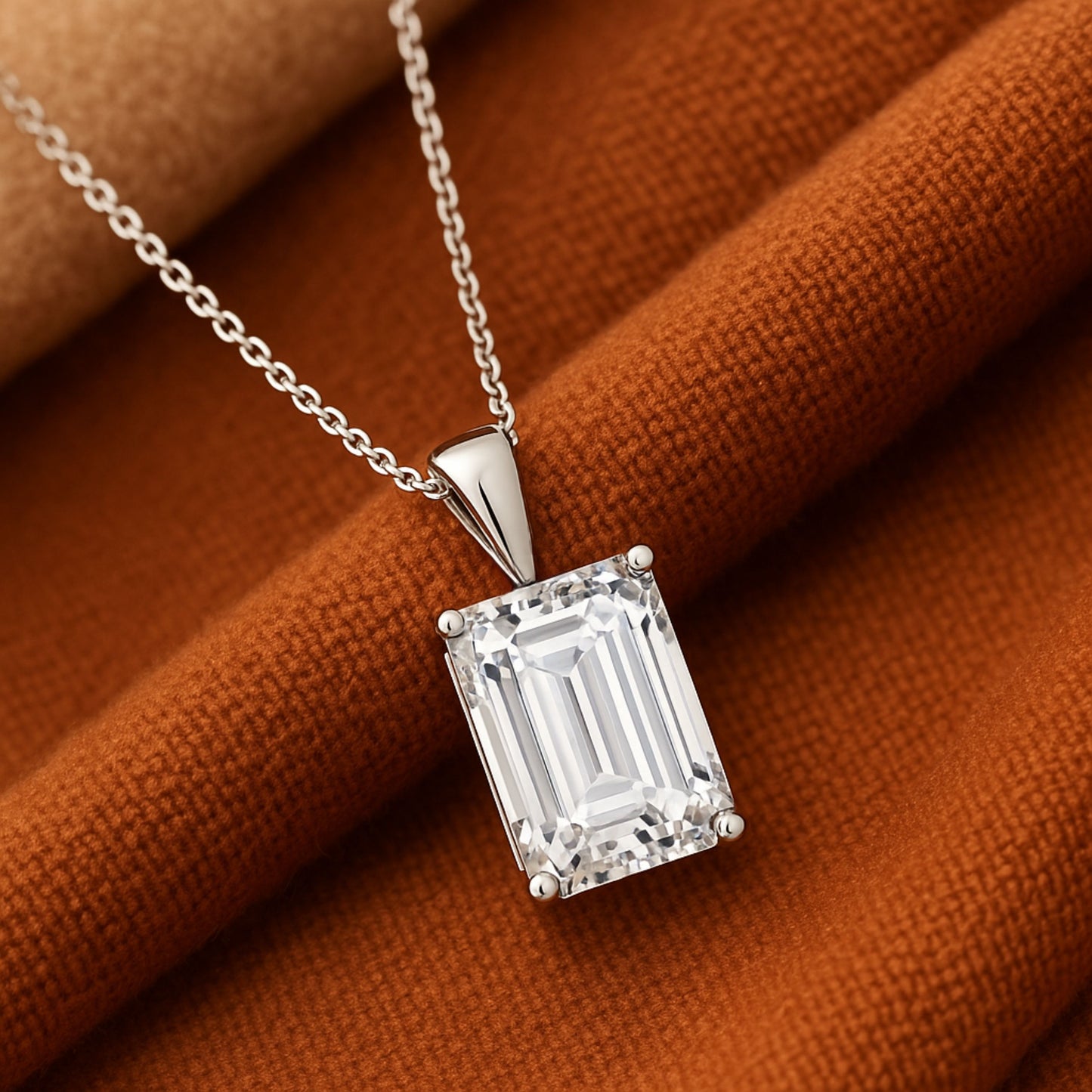 14K Gold Emerald Cut Moissanite Solitaire Necklace - Solid Bail on Cable Chain
