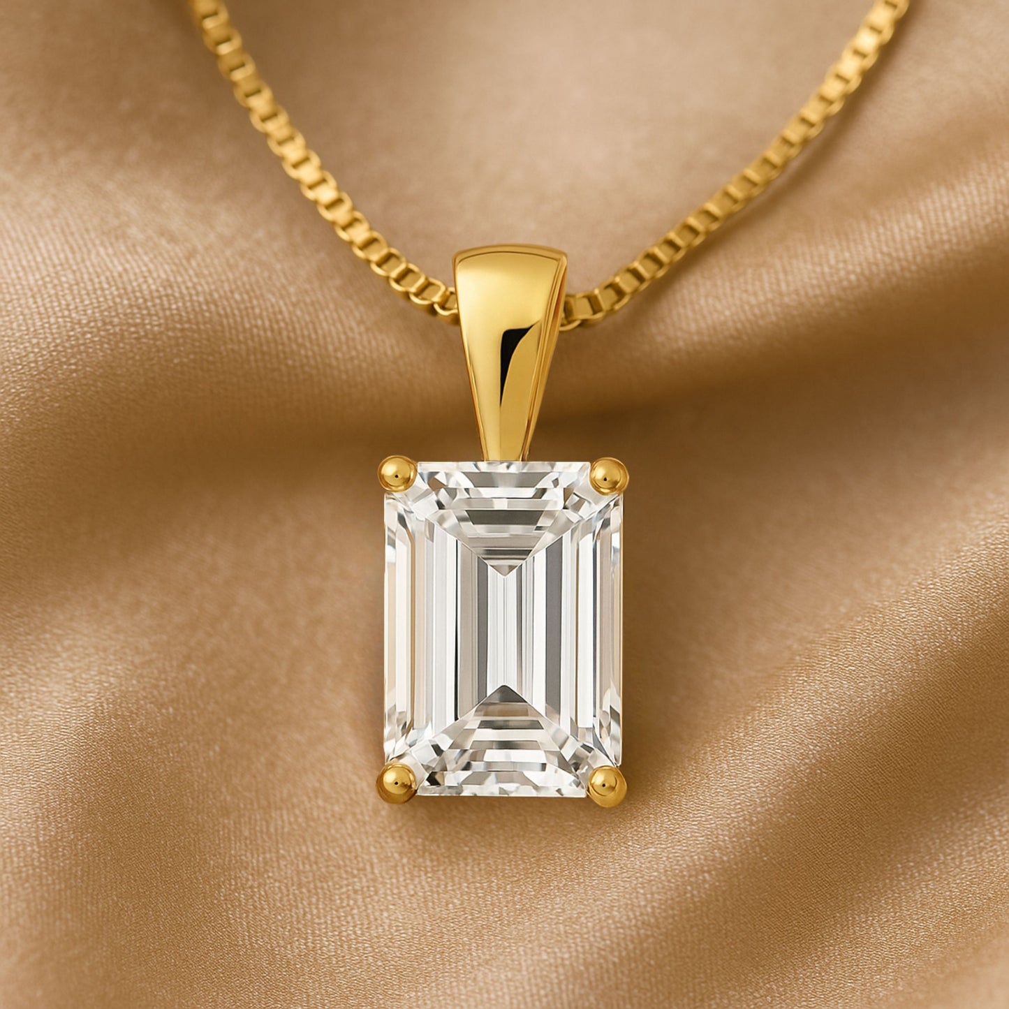14K Gold Emerald Cut Moissanite Solitaire Necklace - Solid Bail on Box Chain
