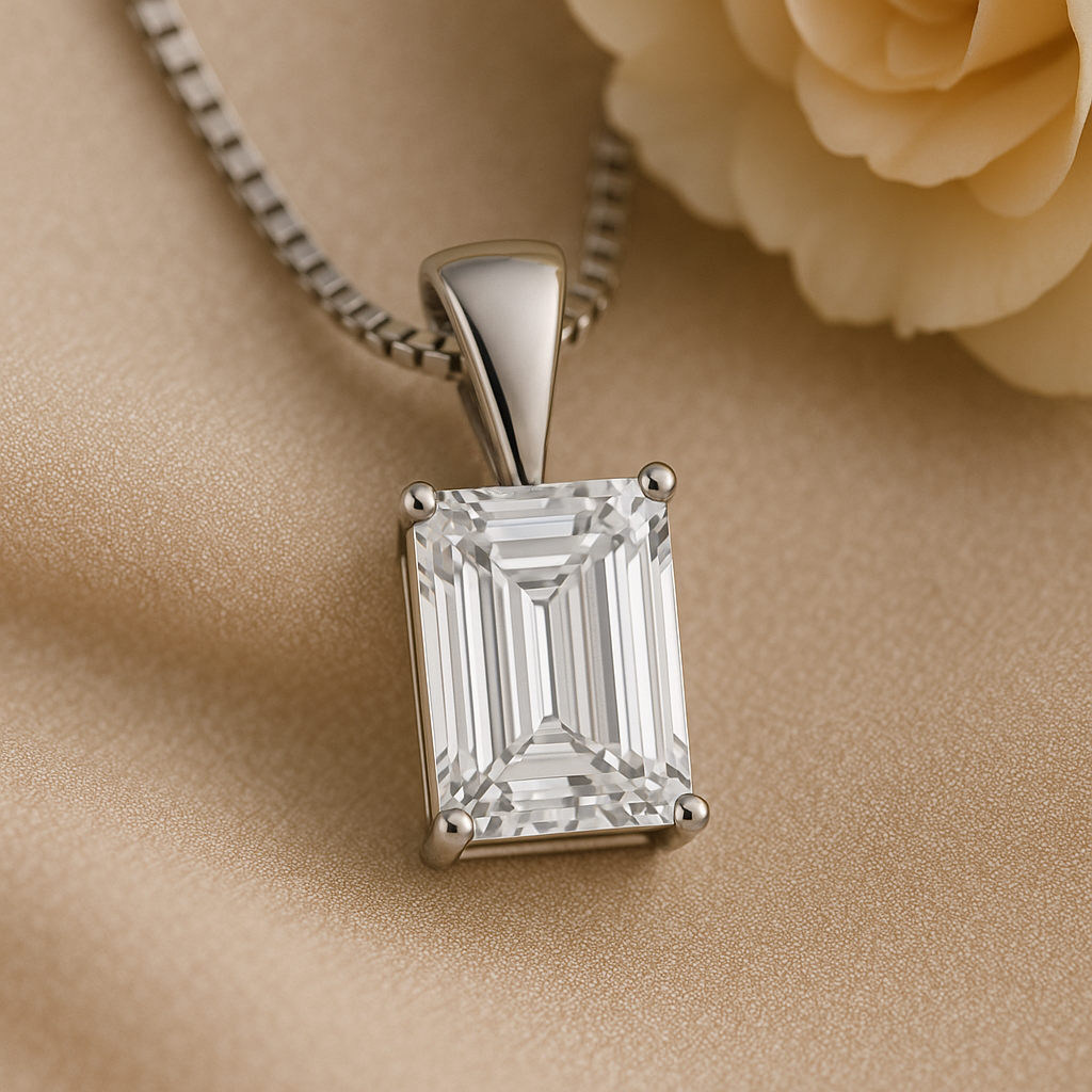 14K Gold Emerald Cut Moissanite Solitaire Necklace - Solid Bail on Box Chain
