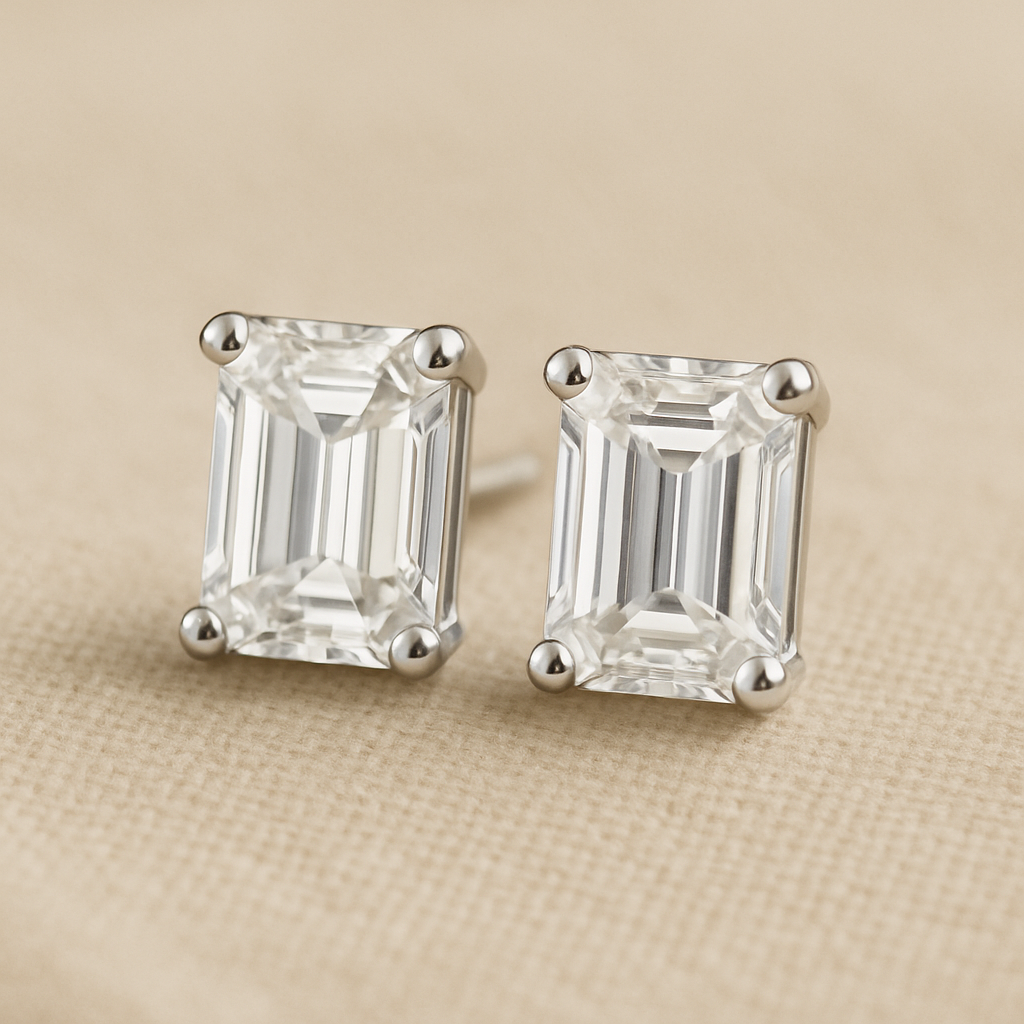 10K Gold Emerald Cut Moissanite Solitaire Stud Earrings - Push Backs