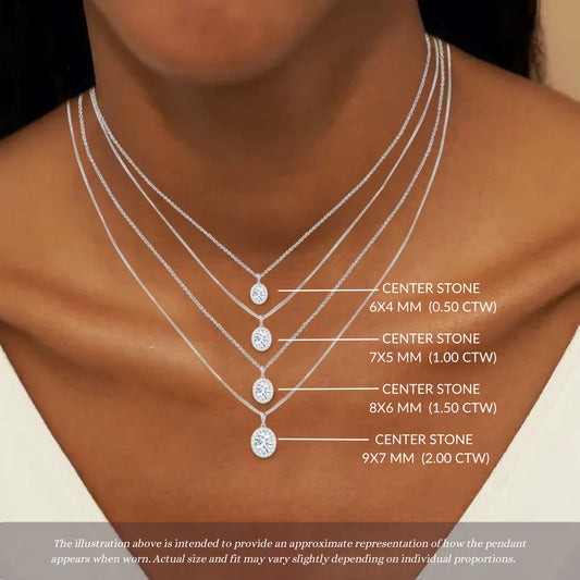 14K Gold Oval Cut Halo Moissanite Necklace - Dangle Bail with Cable Chain