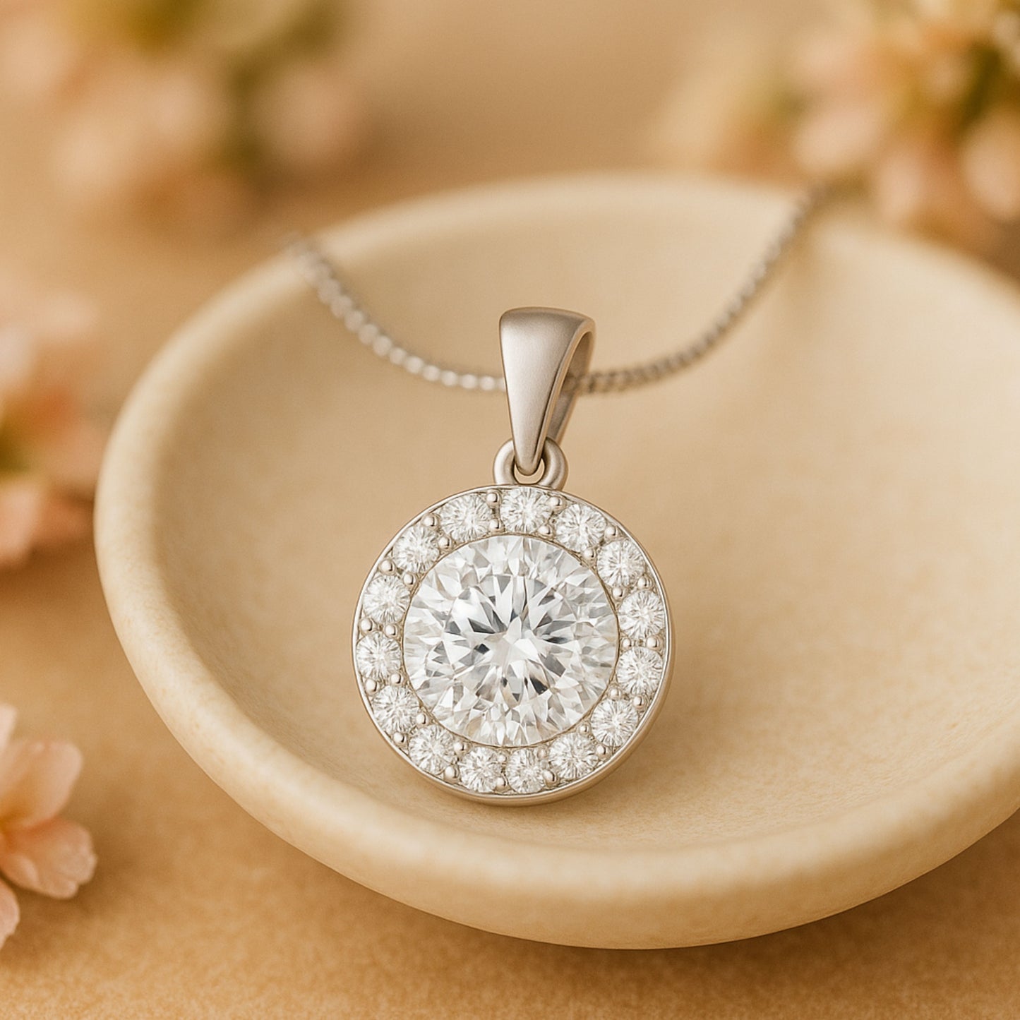 Round Cut Halo Moissanite Necklace – Dangle Bail