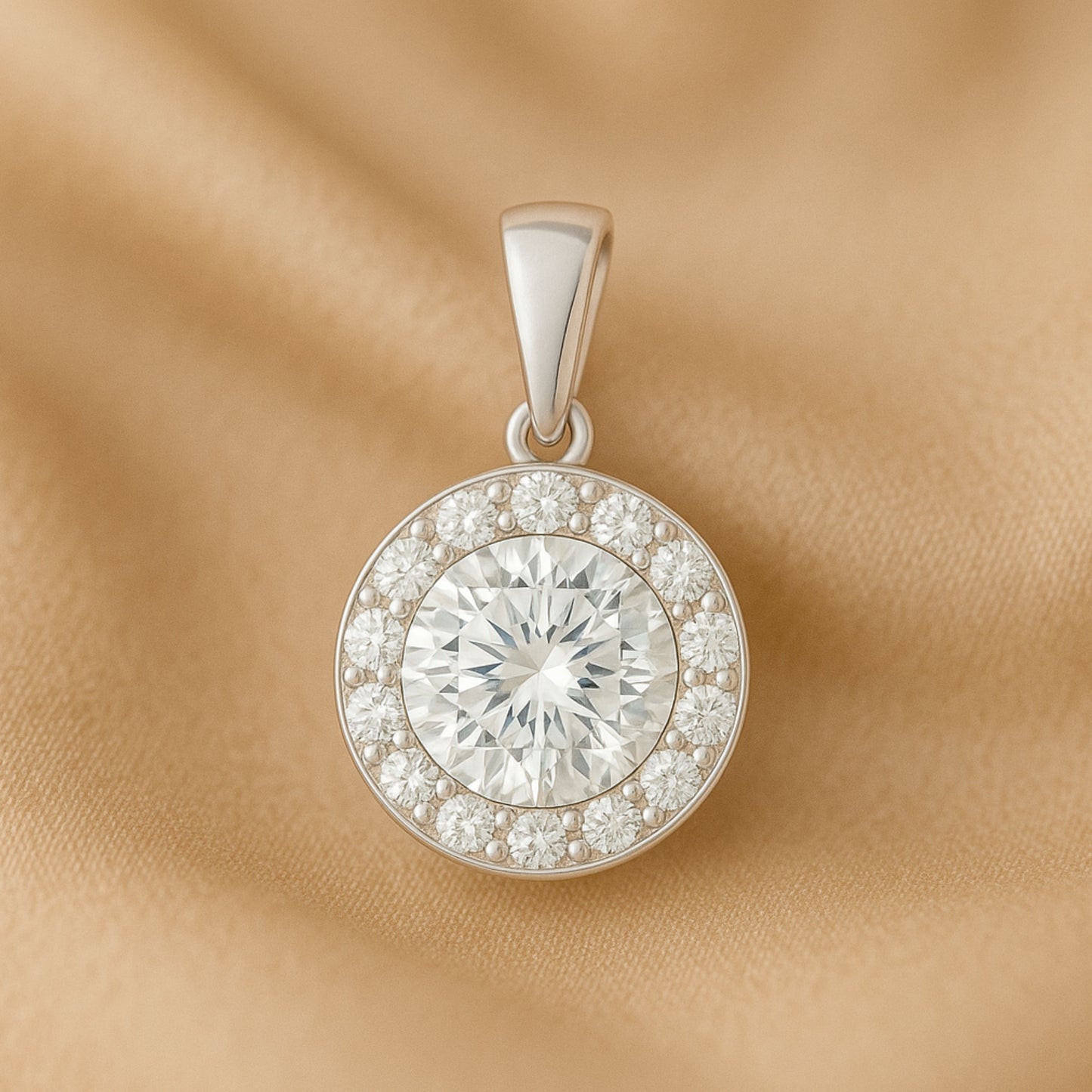 14K Gold Round Cut Halo Moissanite Pendant Only - Dangle Bail