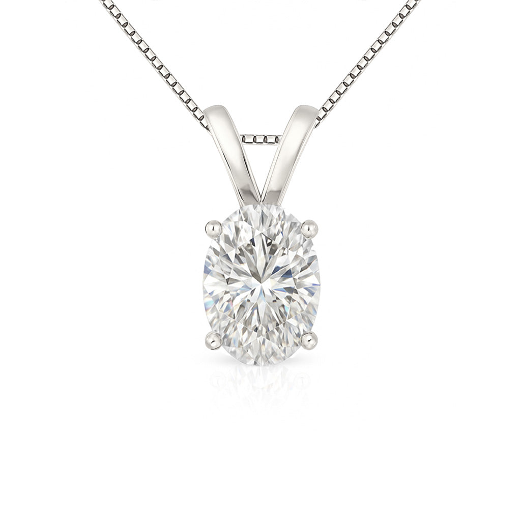 14K Gold Oval Cut Moissanite Solitaire Necklace - Double Loop Bail on Box Chain