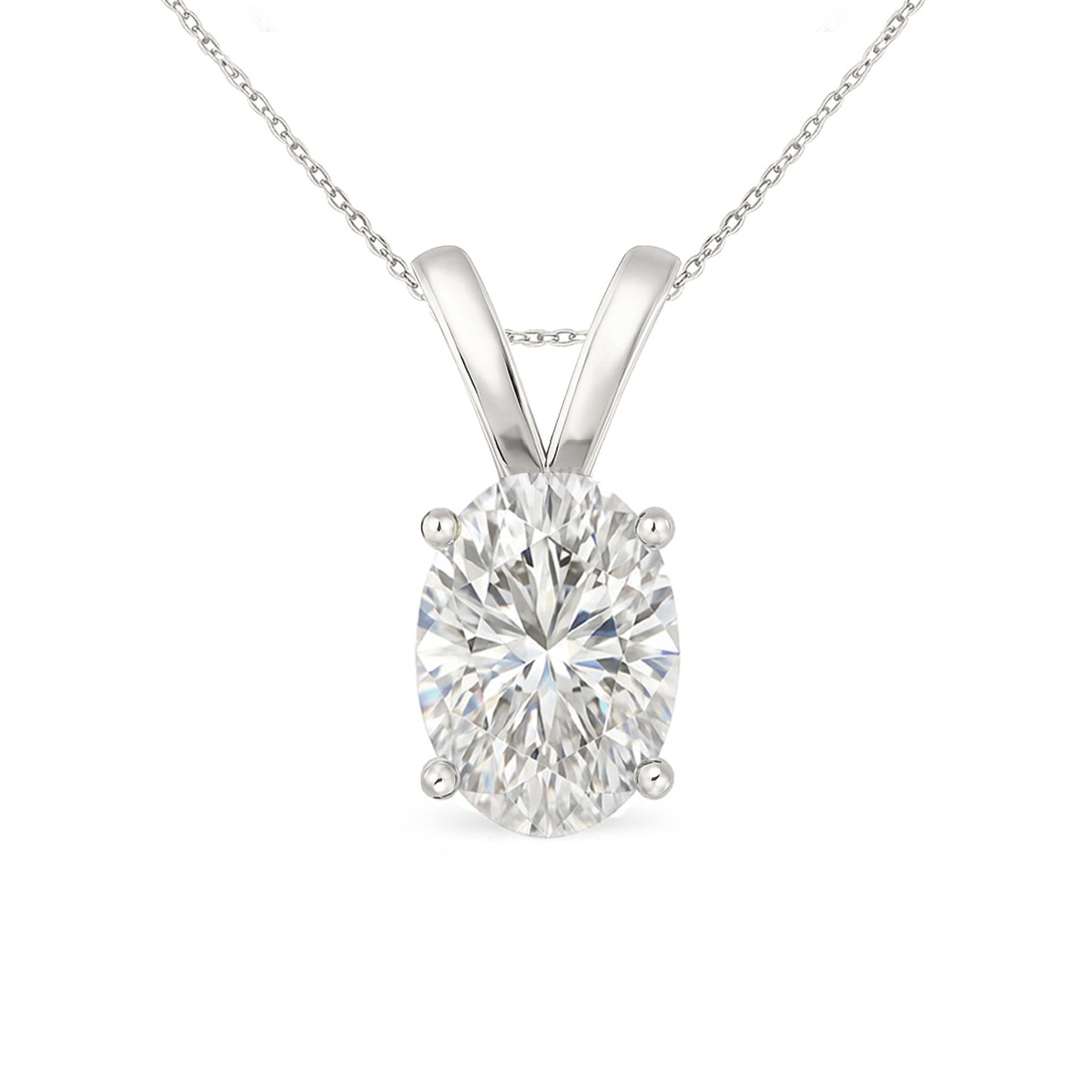 14K Gold Oval Cut Moissanite Solitaire Necklace - Double Loop Bail on Cable Chain