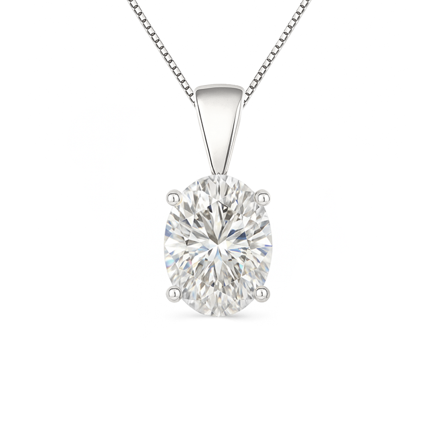14K Gold Oval Cut Moissanite Solitaire Necklace - Solid Bail on Box Chain