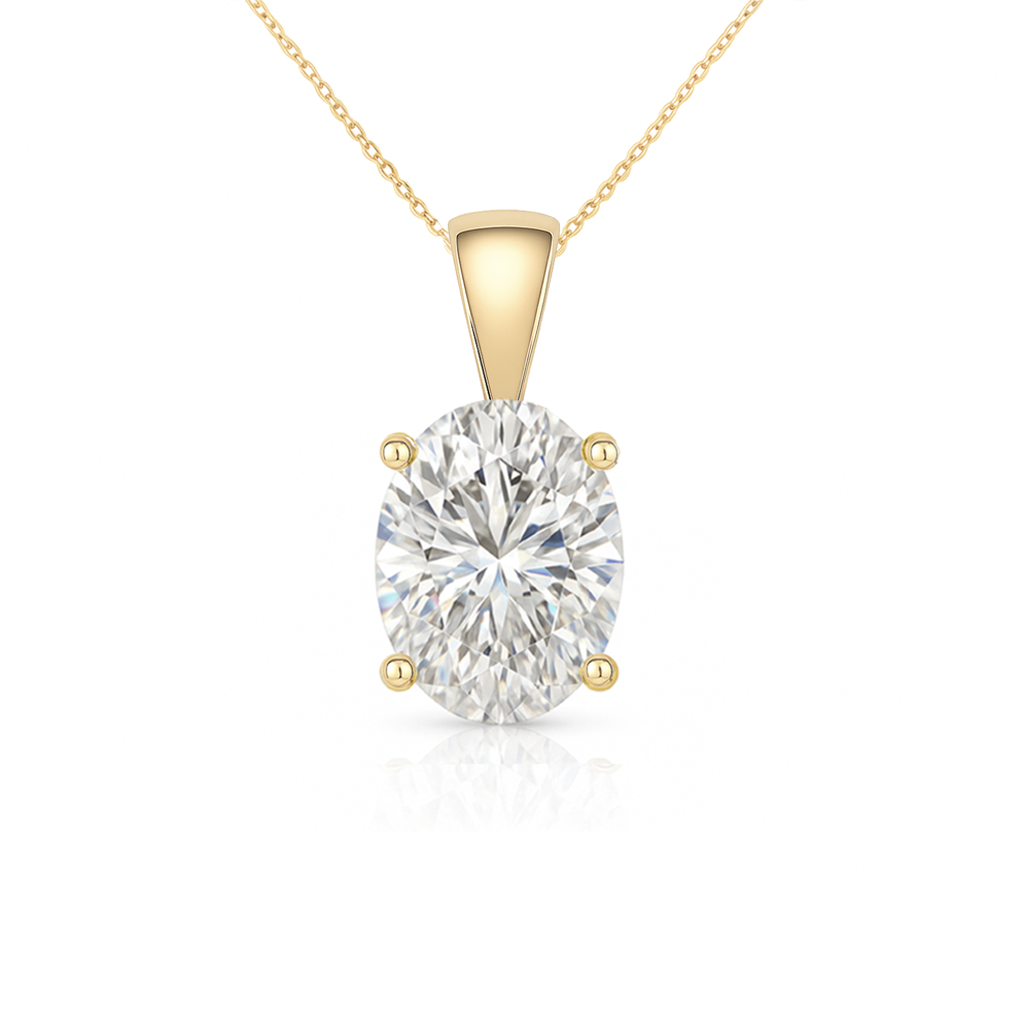 14K Gold Oval Cut Moissanite Solitaire Necklace - Solid Bail on Cable Chain