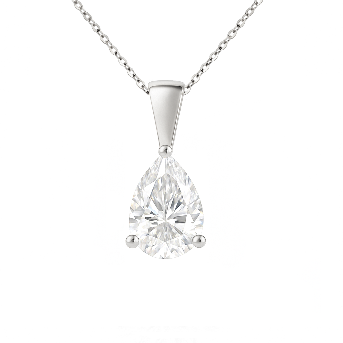 14K Gold Pear Cut Moissanite Solitaire Necklace - Solid Bail on Cable Chain