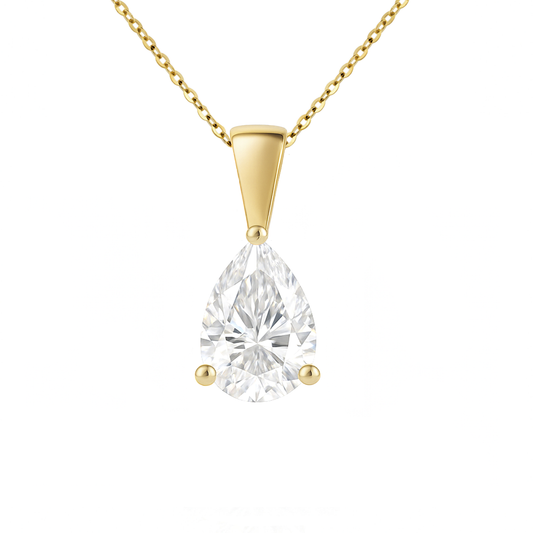 14K Gold Pear Cut Moissanite Solitaire Necklace - Solid Bail on Cable Chain
