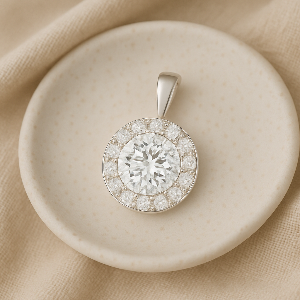 Round Cut Halo Moissanite Pendant - Solid Bail
