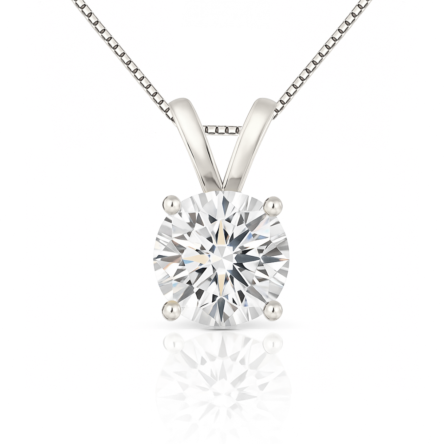 14K Gold Round Cut Moissanite Solitaire Necklace - Double Loop Bail on Box Chain