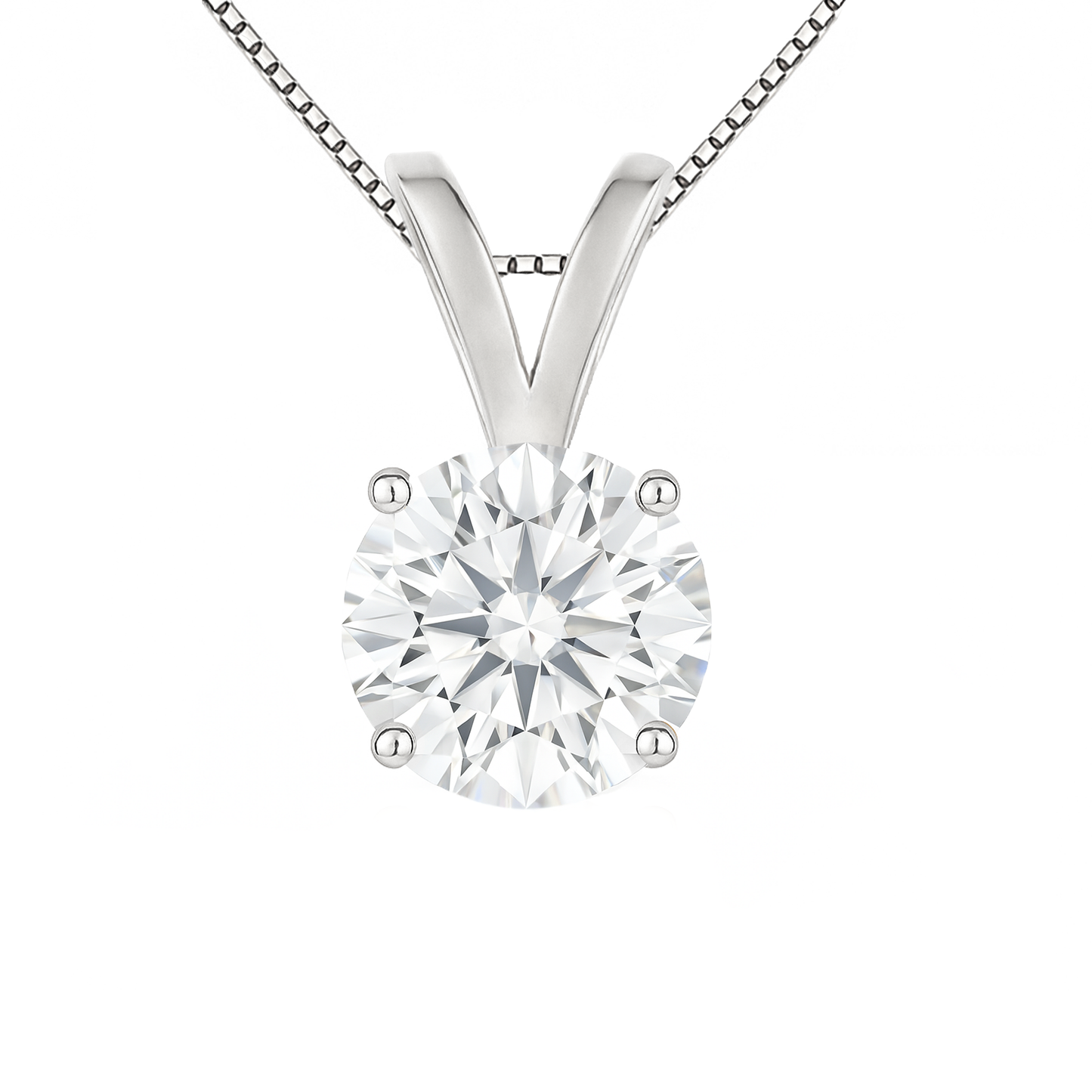 14K Gold Round Cut Moissanite Solitaire Necklace - Double Loop Bail on Box Chain