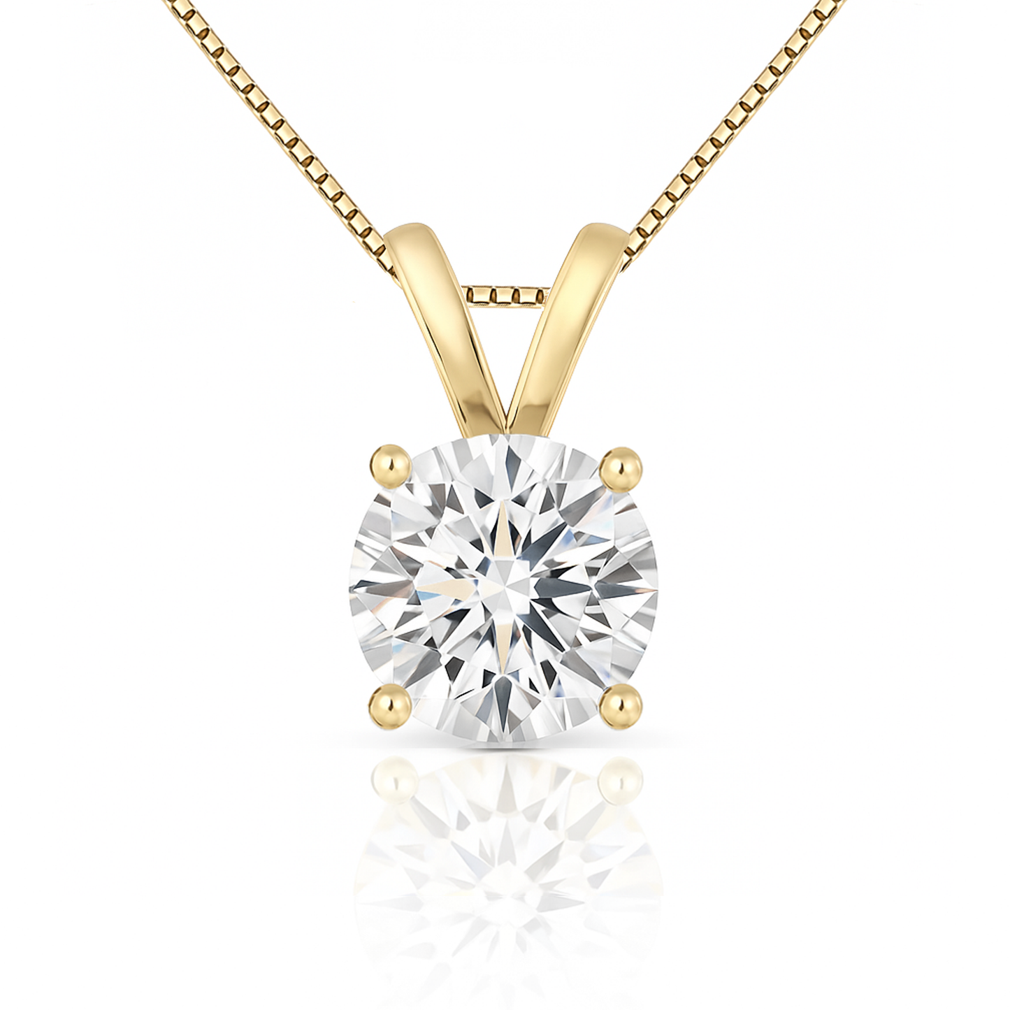 14K Gold Round Cut Moissanite Solitaire Necklace - Double Loop Bail on Box Chain