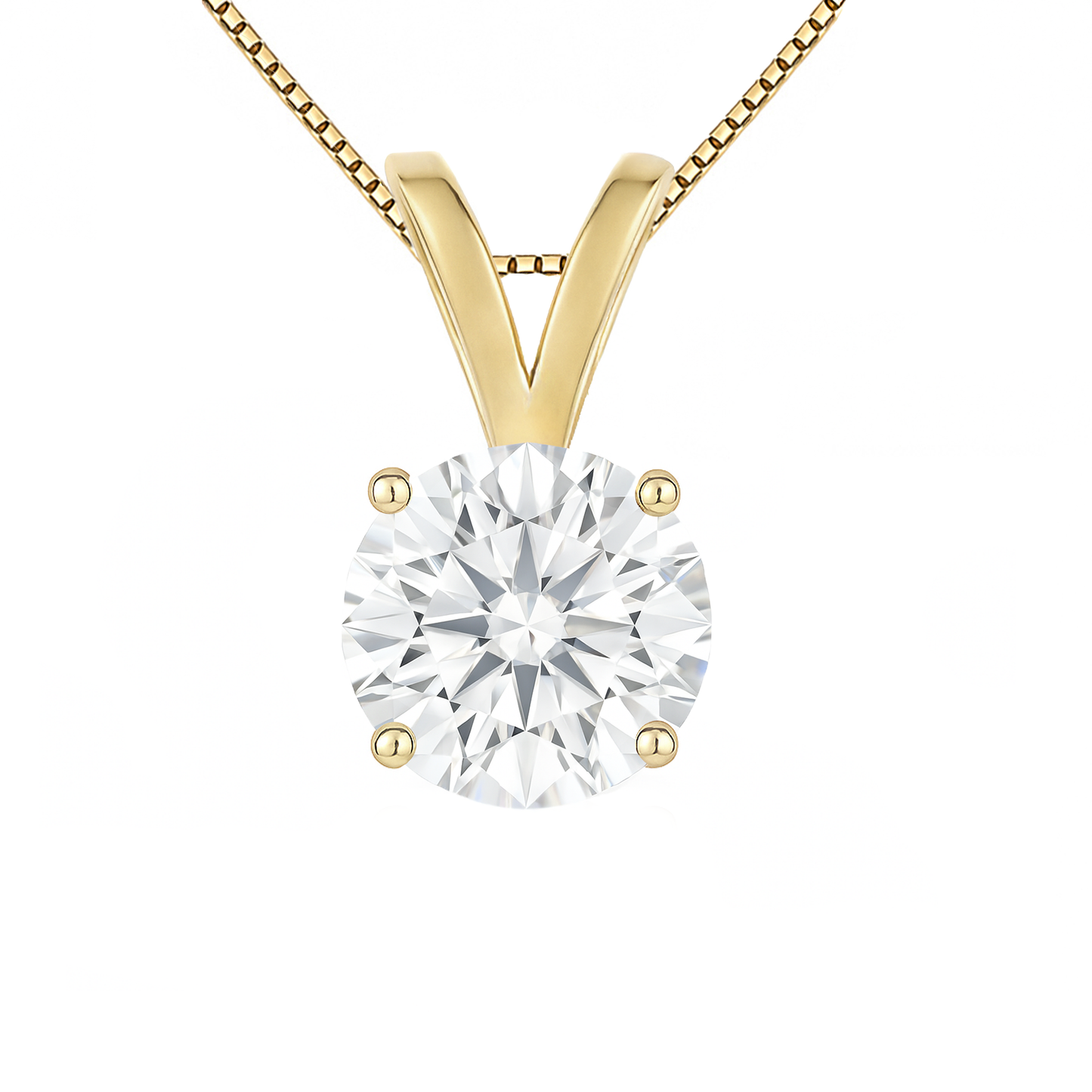 14K Gold Round Cut Moissanite Solitaire Necklace - Double Loop Bail on Box Chain