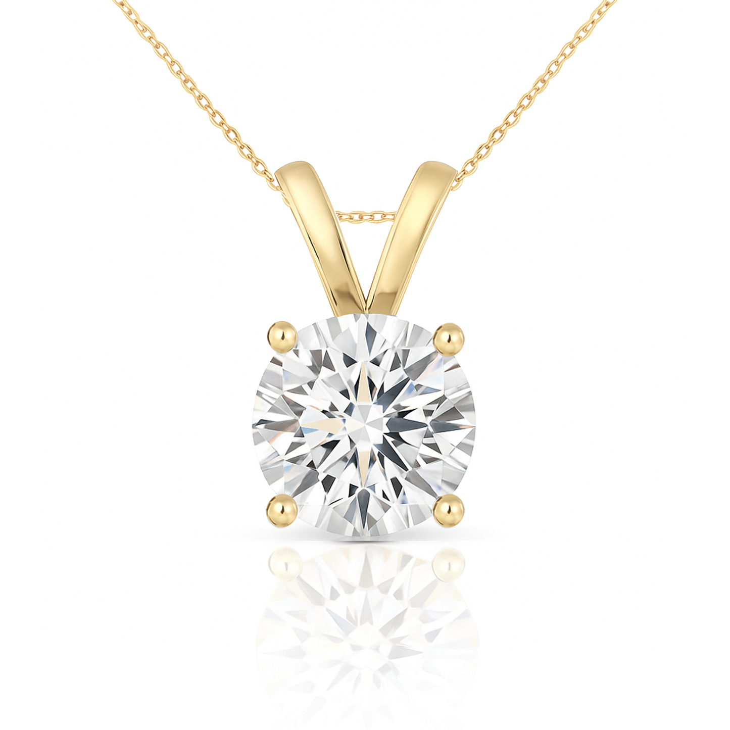 14K Gold Round Cut Moissanite Solitaire Necklace - Double Loop Bail on Cable Chain
